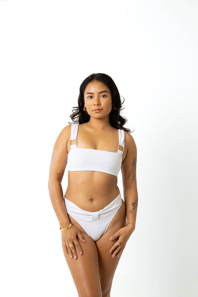 size 6 model wears white crop bikini top front view